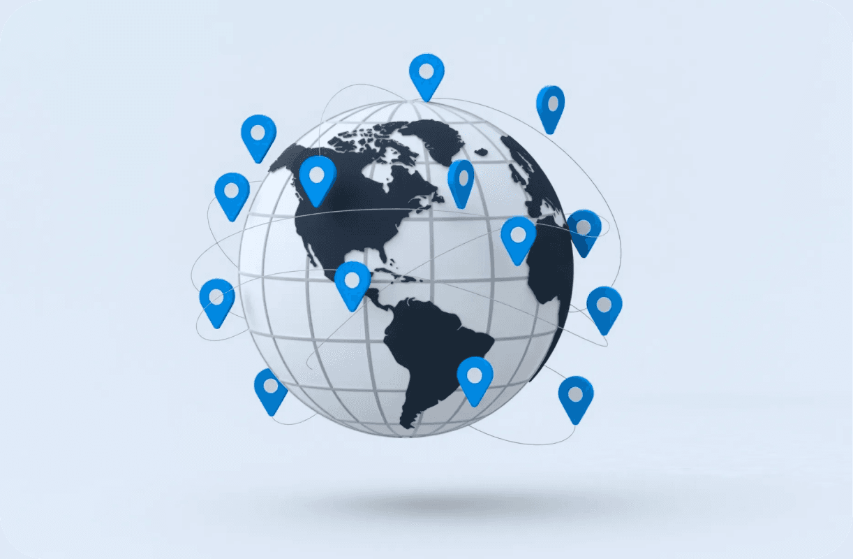 A 3D globe surrounded by blue location pins connected by lines, symbolizing global network.